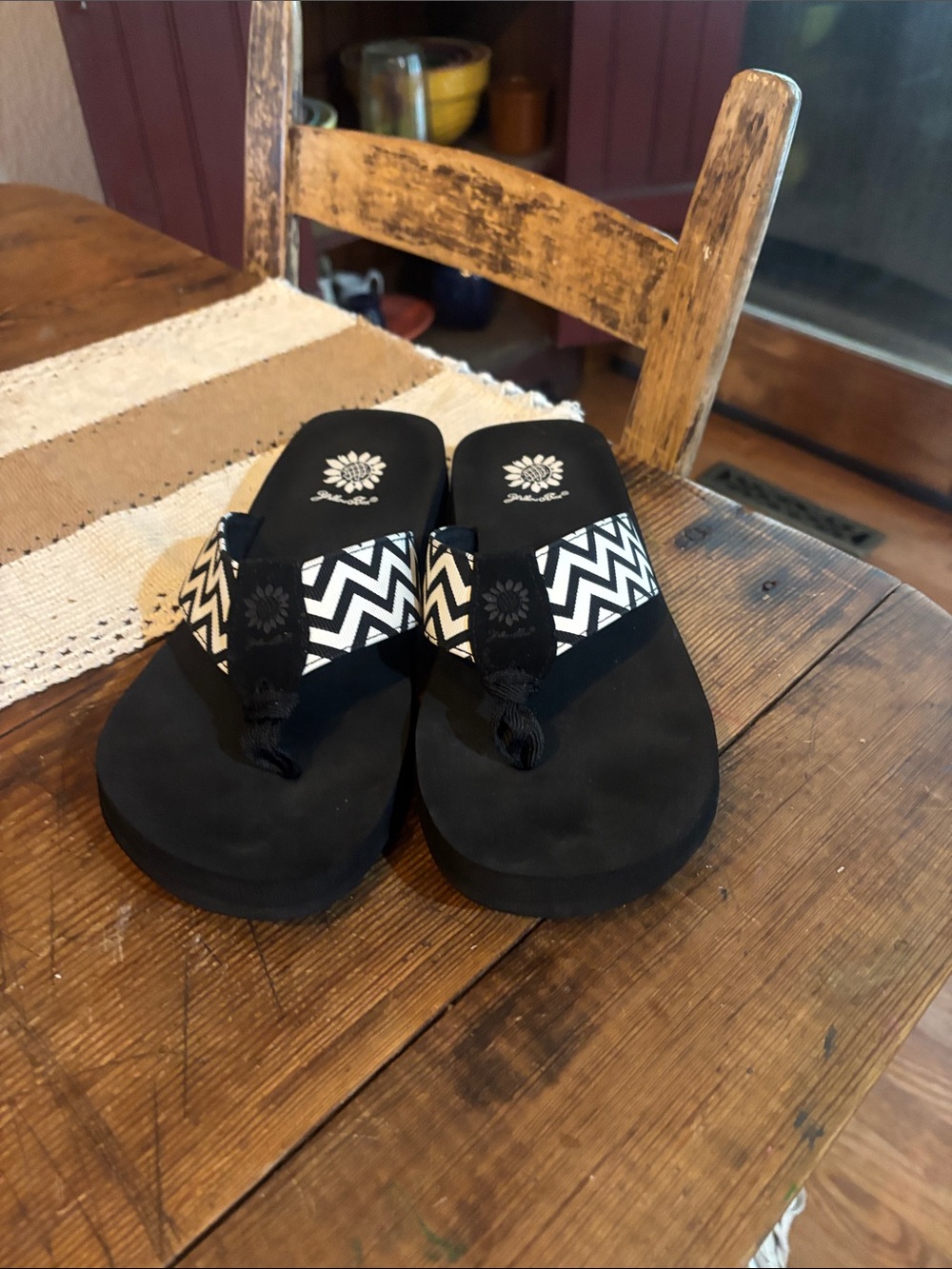 Yellow Box Black Sandals with White Chevron Straps